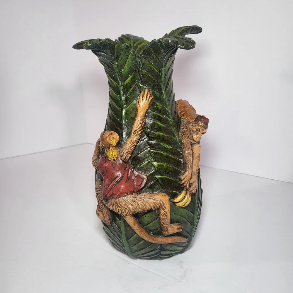 Cedar‎ Creek Collection 3D Palm Leaf Monkey & Banana Resin Vase - Tropical Decor